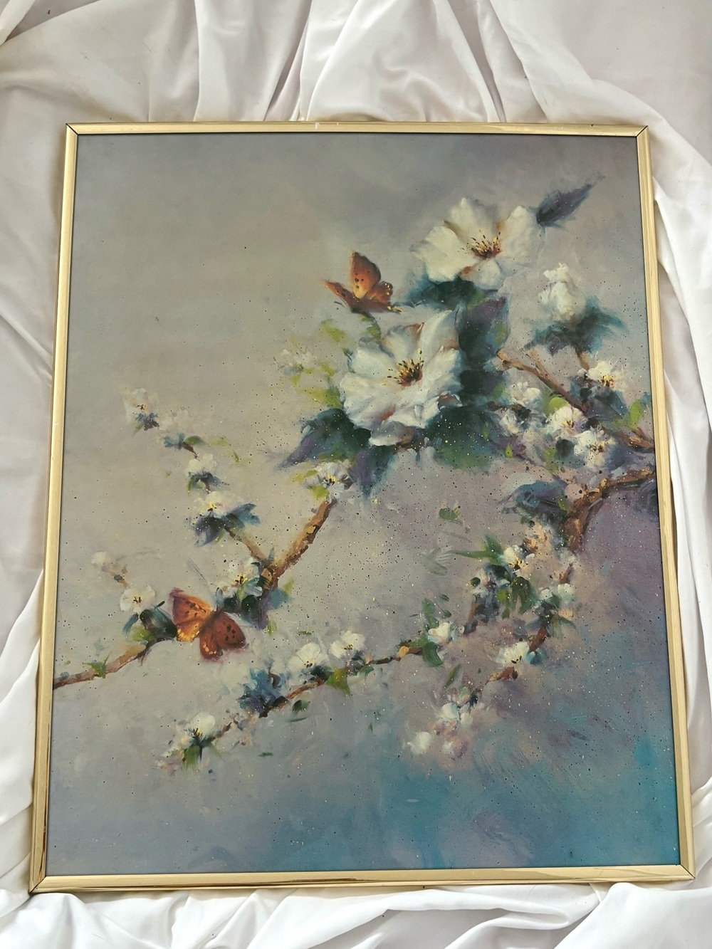Vintage 70s butterfly flower art print watercolor framed home wall fairy whimsy